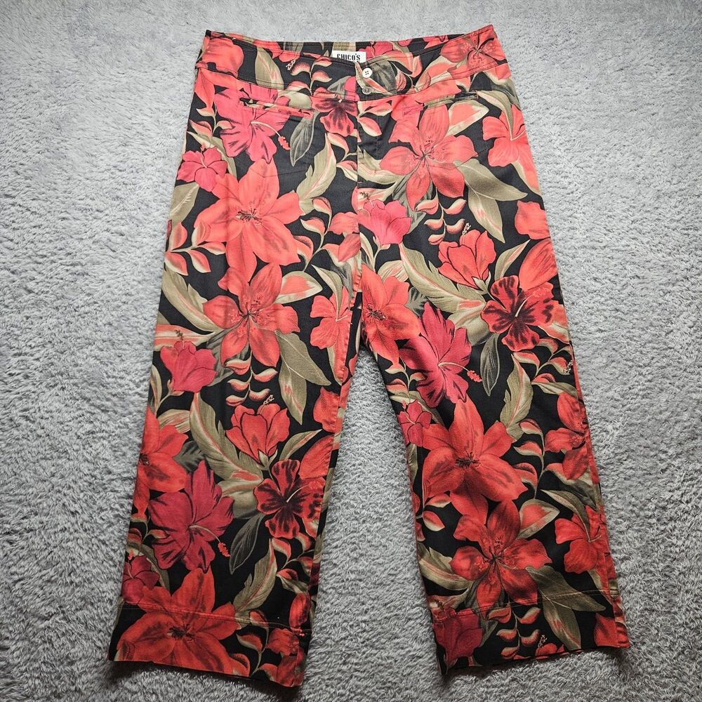 Chico's Red Tropical Floral Cropped Pants Size 3 XL Colorful Stretch Hawaiian